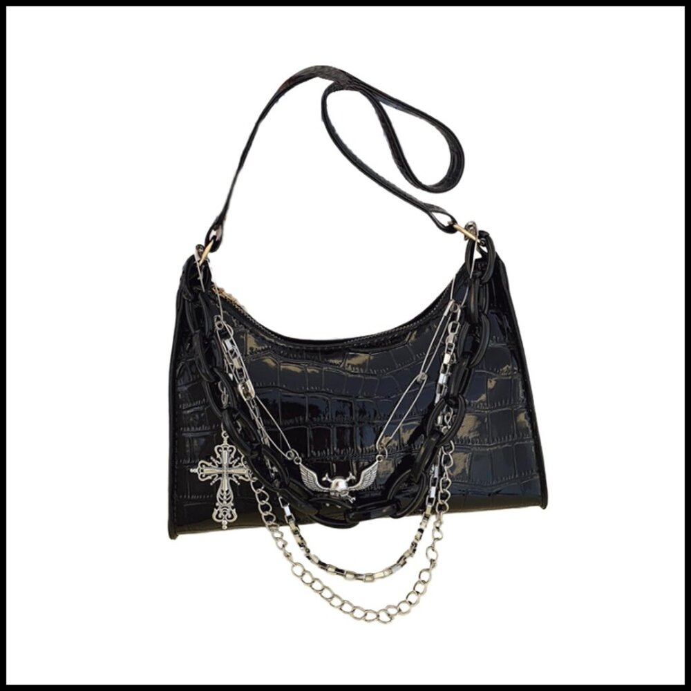 Y2K Punk Goth Faux Leather Shoulder Bag Cross Chain Hobo Handbag Casual